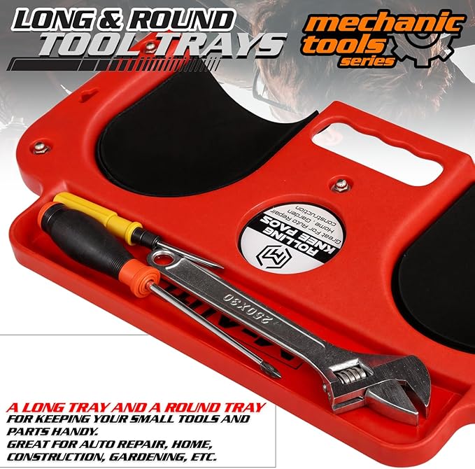 M-AUTO Rolling Knee Creeper Durable Knee Pads with Full 360 Degree Turn Casters and Tool Tray, Garage Kneeling Pads on Swivel Castors for Home Workshop Auto Repairing Maintaining, Red