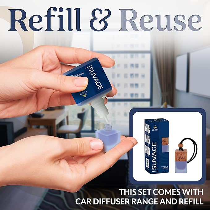 Suvage Gift Set with Refill Bottle | Automotive Air Fresheners with Sauvage Fragrance | Strong Car Perfume | Odour Eliminating Car Air Fresheners by Perfa