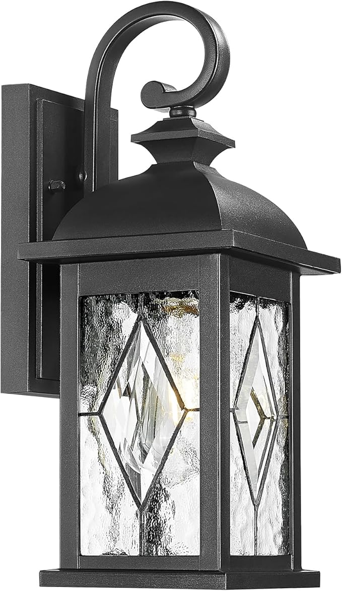 FEMILA Outdoor Wall Light Fixture,1-Light Exterior Waterproof Wall Sconce, Front Porch Lights, Matte Black Finish with Water Ripple Glass,E26 Socket, 4FD54B BK-SD