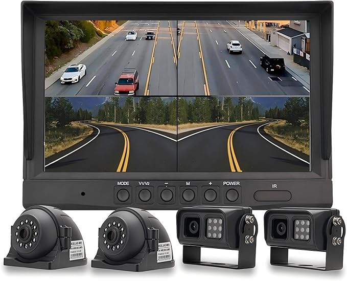 EVERSECU Car Backup Cameras System with 9'' Quad Split Monitor for RV Trailer Semi Truck Camper Bus & 4 AHD 1080P Rear&Side View Cameras with DVR Record Function Night Vision IP69 Waterproof