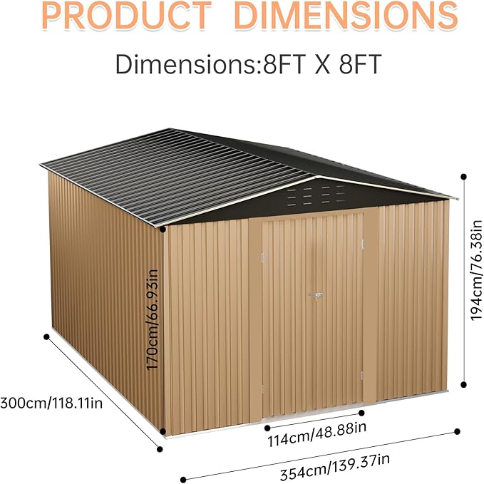 Outdoor Storage Shed,8x8 FT Metal Garden Shed with Lockable Doors & Slooping Roof,Updated Reinforced Door,Tool/Bike Sheds for Backyard, Patio, Poolside,Garage