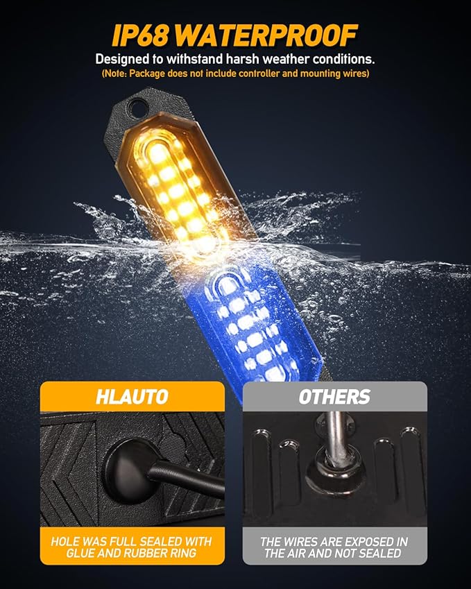 HLauto 1200T Emergency Strobe Grille Lights: 8pcs 12 LED Sync Feature Safety Warning Flashing Lights, Ultra Slim Surface Mount Hazard Caution Lights for Trucks, Vehicles, Car, ATV, UTV (Amber Blue)