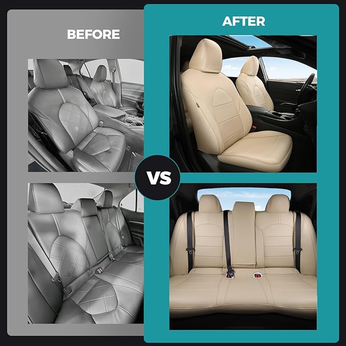 for Toyota Camry Seat Covers Hybrid XLE XSE 2018 2019 2020 2021 2022 2023 2024 - Custom Car Seat Covers Full Set, Leather Seat Cover for Cars, Waterproof Breathable Cushion Protectors Beige