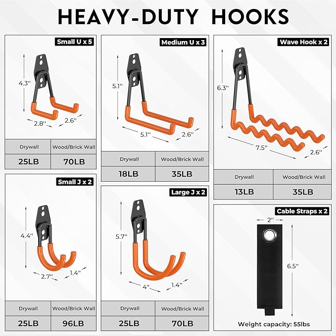 BONTEC 16 Pack Heavy Duty Garage Hooks, Steel Wall Mount for Garage Organization, Ladder & Bike Hooks, Garden Hose Holder, Tool Hangers, for Home, Workshop & Storage (Orange)