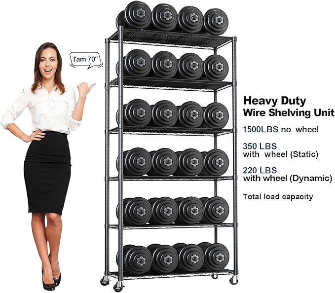 Himix 73''H X 35.5''W X14''D 6 Tier Wire Shelf with Wheels 10 Hooks, Adjustable NSF Wire Shelving Unit Heavy Duty Metal Storage Shelves Free Standing Rack Organization for Pantry,Kitchen,Garage
