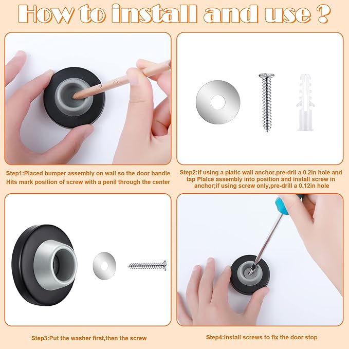 Blulu Concave Wall Door Stopper Door Bumper Stainless Steel Wall Protector Flush Bumper with Grey Rubber Concave Knob Cover Stopper(Black,4 Pieces)