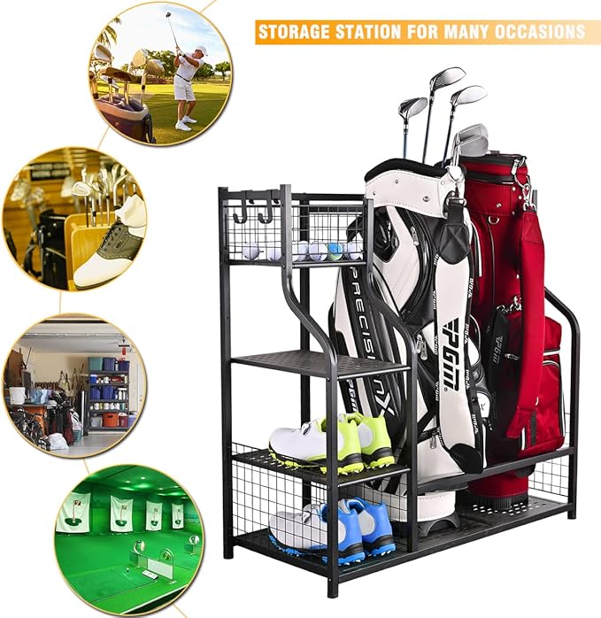 SNAIL Golf Bag Garage Storage Organizer Extra Large Size Golf Bag Rack Stand Holder Fits 2 Golf Bags and Other Golfing Equipment Accessories, Metal Black Golf Club Storage for Garage Shed and Basement