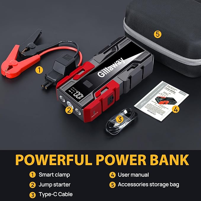001B 4000A Car Jump Starter, Jump Starter Battery Pack for Up to 10L Gas and 8L Diesel Engines, Portable 12V Jump Box with USB Ports, LCD Display, Storage Case, LED Light