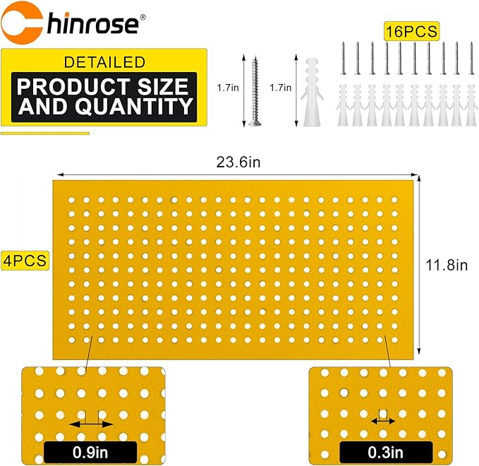 Metal Peg Board Panels for Workbench, Shop, Shed Modular Peg Board Organizer Board Kit, pegboard Wall Organizer(4 Pack, Yellow)