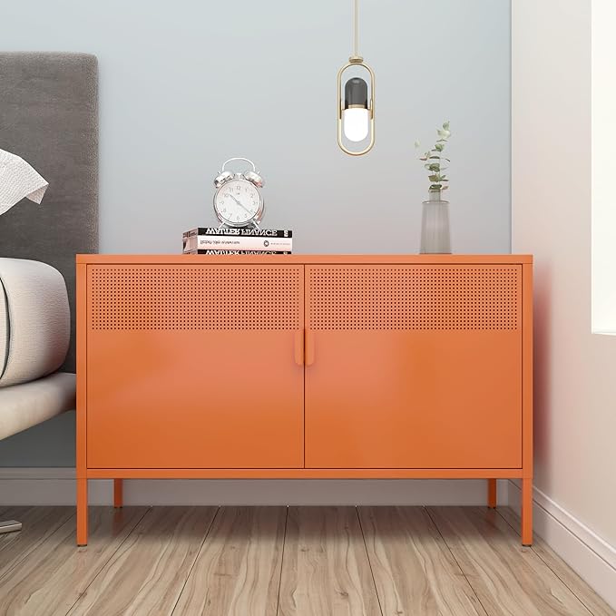 2 Door Accent Cabinet,Orange Metal Storage Cabinet with Adjustable Shelf,2-Tier Shelf,Multipurpose Metal Locker Storage for Office Home,Music Studio (Orange)