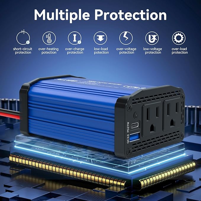 300W Car Power Inverter 12v to 110v, Car Plug in Adapter Outlet with PD 27w USB-C and Fast Charger 18w USB-A, Car Outlet Adapter, Car Converter to Outlet Plug, Power Inverters for Vehicles (Blue)