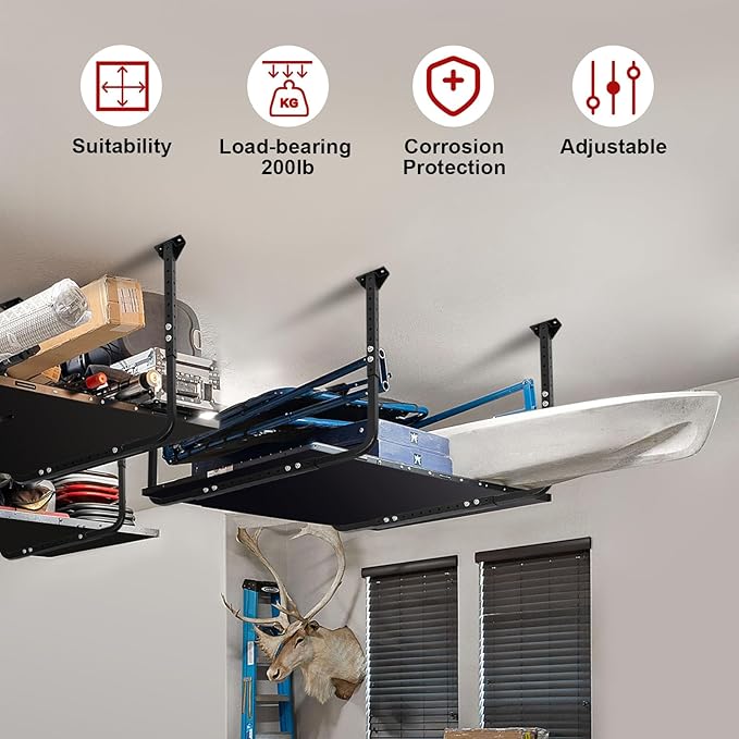 Adjustable Garage Ceiling Storage Racks, Garage Overhead Storage Bracket,Ceiling Mounted Heavy-duty Garage Storage Shelves,33 in. x 34 in,200lbs Weight Capacity, Black