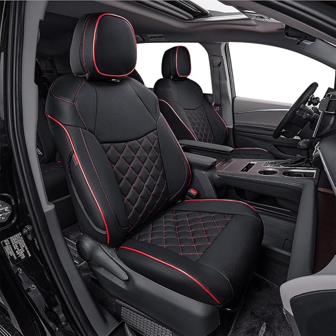EKR Sienna Seat Covers for 2021-2025 Toyota Sienna LE, XLE,8 Seats,2nd Row 4/2/4 Split,Waterproof Seat Covers Full Set for Trucks,Car Seat Protectors-Three Row,Leather(Black with Red Piping)