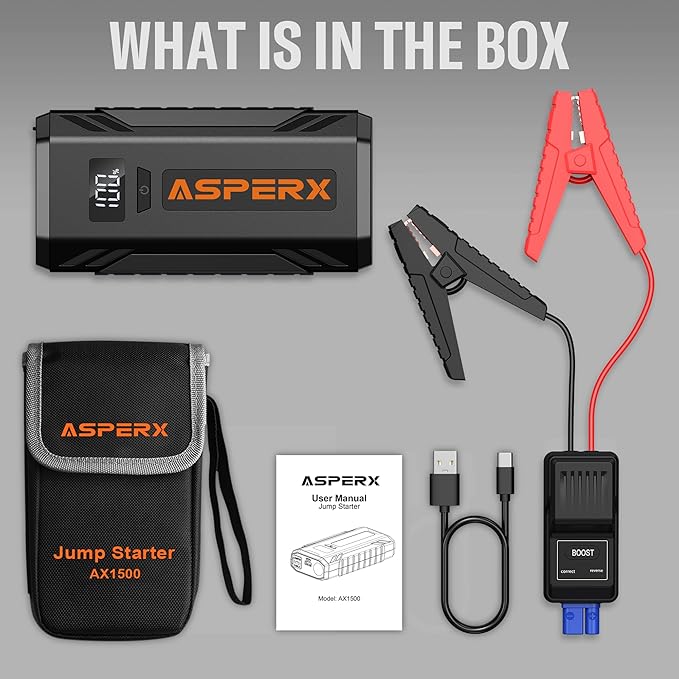 ASPERX Car Jump Starter, 2000A Peak Battery Jump Starter for Up to 7.0L Gas or 5.5L Diesel Engine, 12V Portable Battery Starter Power Pack with 1.4 INCH LCD Display