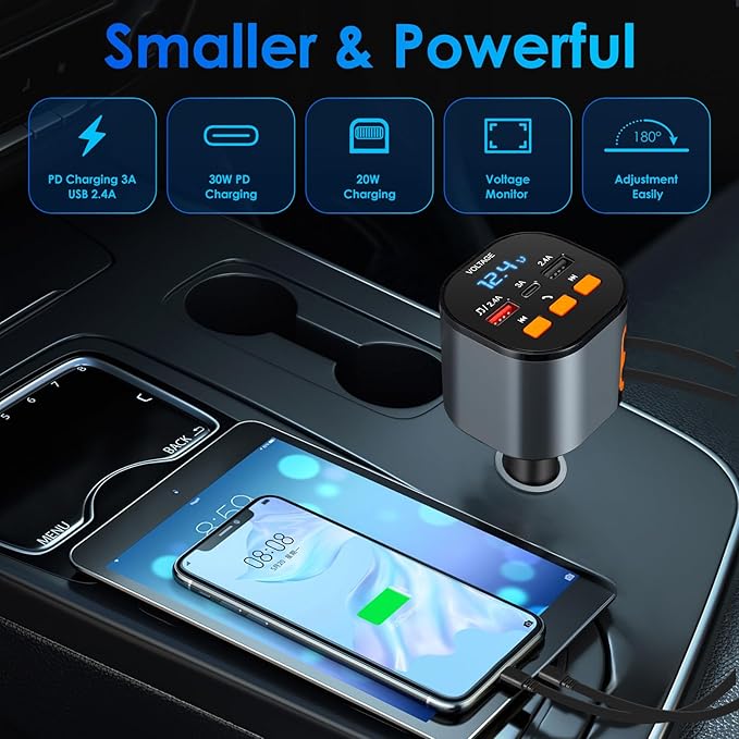 Retractable Car Charger,5 in 1 Fast Car Phone Charger 90W,Bluetooth 5.3 FM Transmitter Adapter,Handsfree Call,2 Retractable Cables and USB Cars Chargers for iPhone 15/14/13 (Black)