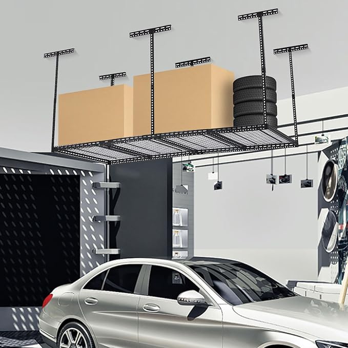 Overhead Garage Storage Rack 4x8 FT, Steel Ceiling Shelves 660lb Capacity, Height Adjustable 22-40 Inches, Space-Saving for Attic Basement Shed (Black, 6 Posts)