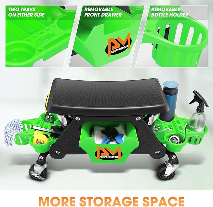 PM PERFORMOTOR Mechanic Stool - 25-1/2" x 13" x 12" (L x H x W), Rolling Work Seat w/Lockable Swivel Wheels and Storage Tool Tray, Green,PM-TOL-CRS-GR