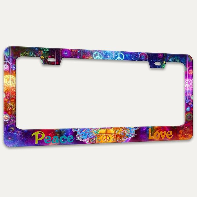Peace and Love License Plate Frame Peace Symbol License Plate Holders Funny Stainless Steel Auto Accessory Bracket 2 Hole with Screws Universal Us Car License Plate Frames 6x12 Inch for Women Men