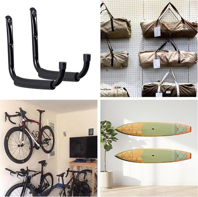 HOME MASTER HARDWARE Heavy Duty 9" Jumbo Arm Garage Wall Hooks 4 Pack – 50Lbs Ladder Hangers, Wall Mount Utility Storage for Bikes, Folding Chairs, Kayaks & Bulk Items