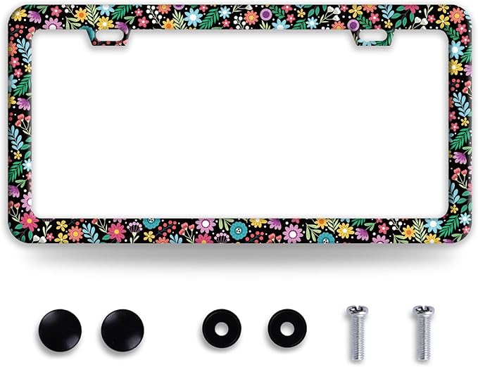 Colorful Flowers License Plate Frame Funny Floral License Plate Frames Stainless Steel Accessories Cars Decor with 2 Holes and Screws Fits Standard Us Ca Vehicles License Plate Holder 12.2 X 6 Inch