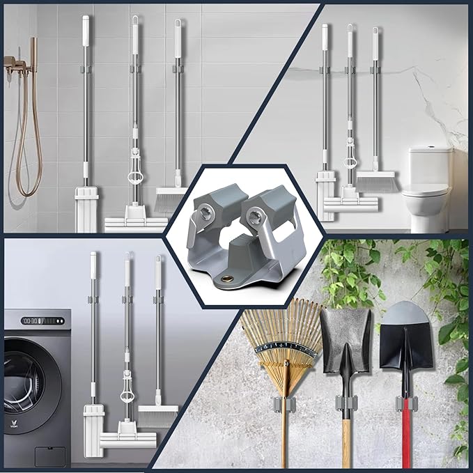 3-H 4 Pack Mop and Broom Holder Big Size Hanging 1 KG Extra,Broom Hanger Wall Mount for Hanging and Organizing Shove Rake Yard Tools in Shed Kitchen Laundry Room Bathroom Garden(grey)