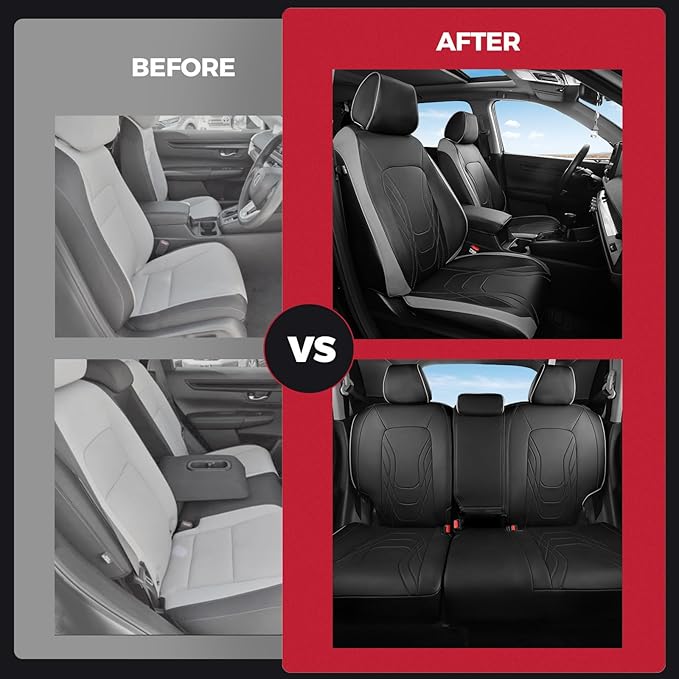FREESOO Seat Covers for Honda CRV, Custom Fit Car Seat Covers for CRV LX EX EX-L Sport Touring Special Edition Trailsport Hybrid & Gas 2023 2024 2025 2026, Waterproof Leather Full Set, Black & Gray