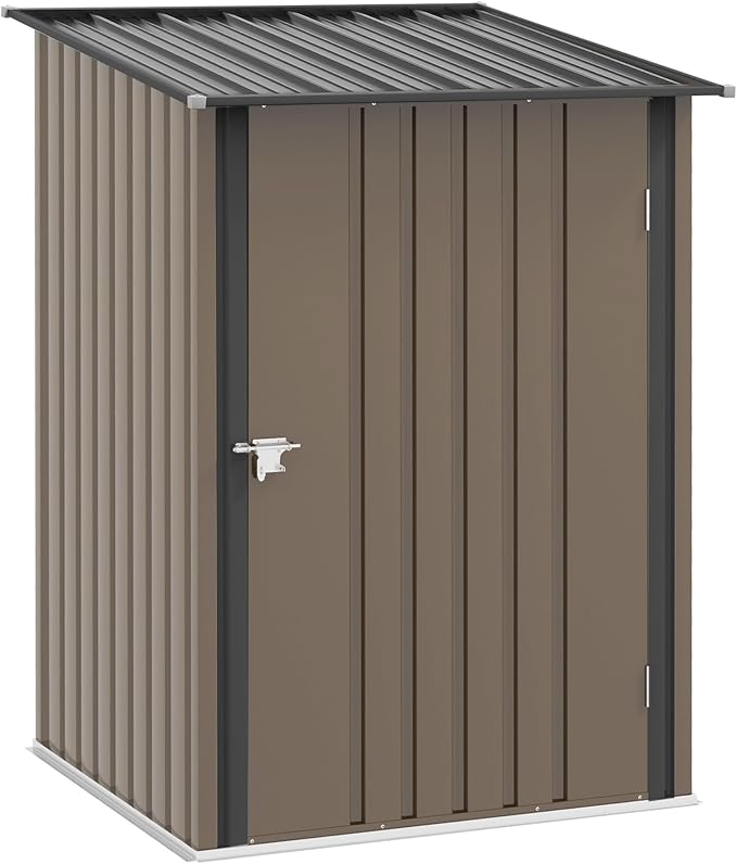 Outsunny 3.3' x 3.4' Outdoor Storage Shed, Metal Garden Tool House with Sloping Roof and Lockable Door for Backyard, Bike, Patio, Garage, Lawn, Brown