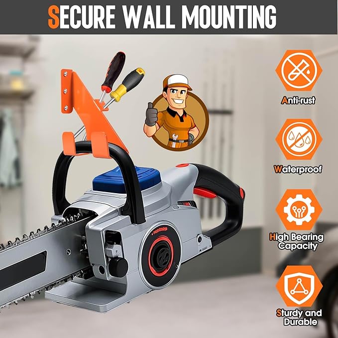Chainsaw Hanger, Heavy Duty Chain Saw Stand 3-in-1 Wall Mount with Accessory Tool Hooks for Garage Shed Organizer Storage, Includes Mounting Hardware (1 Pack)