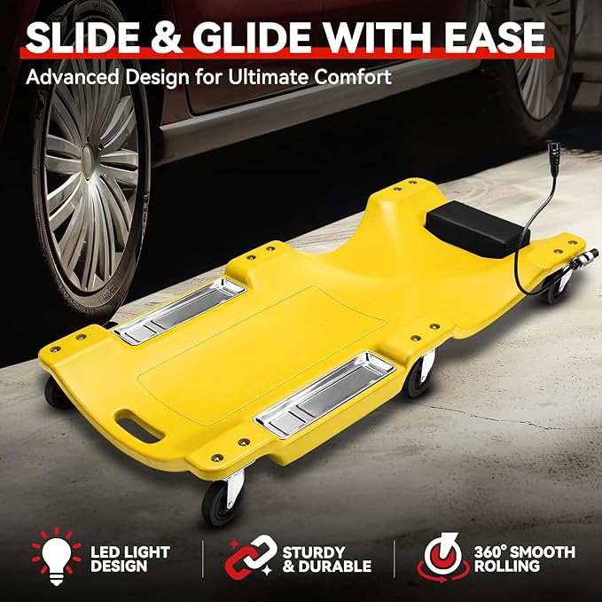 Auto Dynasty 40 Inches Mechanic Creeper, Automotive Garage Repair Low Profile Under Car Rolling Creeper with LED Light and Padded Headrest, Plastic, Yellow