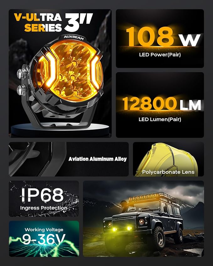 Auxbeam V-Ultra Series 3 Inch 108W Amber Fog Light Pods, DRL Function 3 Modes & Protective Covers, 270° Side Shooter Light Bar, Hyper Spot Beam Offroad Lights, for Truck ATV UTV Car Motorcycle, Pair