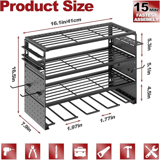 Power Tool Organizer Wall Mount - 4 Layer Metal Power Tool Storage Rack, Cordless Drill Holder with 4 Hooks, Utility Storage Rack for Garage Workshop Shed Pegboard