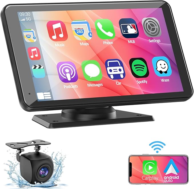Wireless Double Din Car Stereo Compatible with Apple CarPlay and Android Auto,7" HD Portable Bluetooth CarPlay Touch Screen for Car,with Car Play Dash Mount and Backup Camera