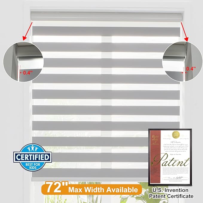 Persilux Cordless Zebra Blinds for Windows (33" W X72 H, Grey) Free-Stop Roller Windows Shades Dual Layer Light Control for Day and Night, Light Filtering Sheer Shades for Home, Easy to Install