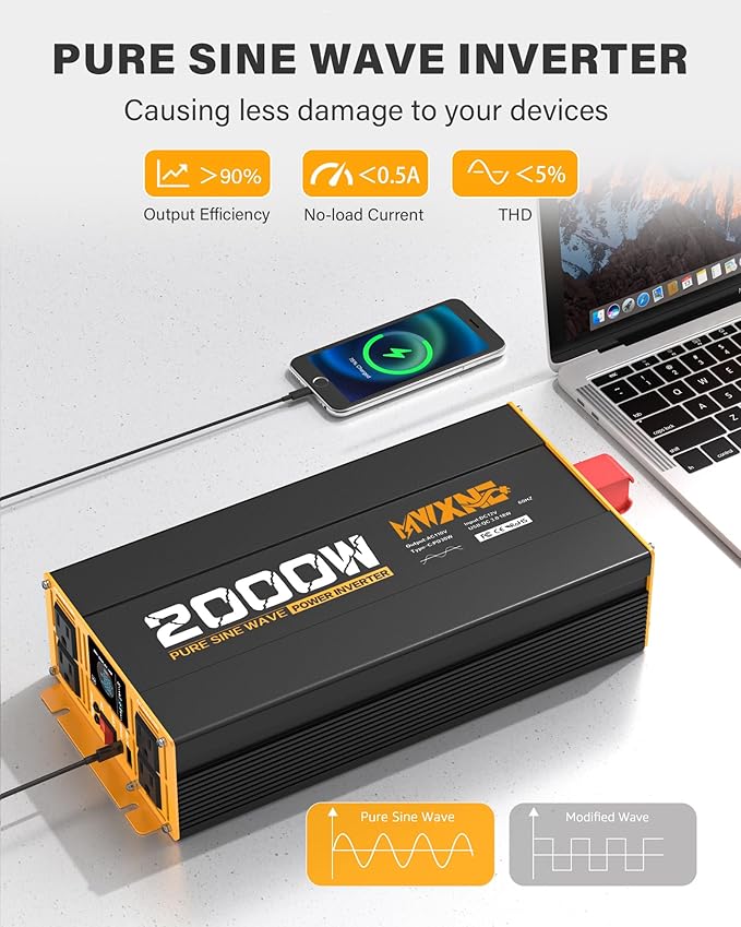 2000W Pure Sine Wave Inverter 12V DC to 110V 120V AC Car Converter for RV Truck Off-Grid Solar Power Inverter with 4 AC Outlets, USB/Type-C Fast Charging Ports, LCD Display, Remote Control