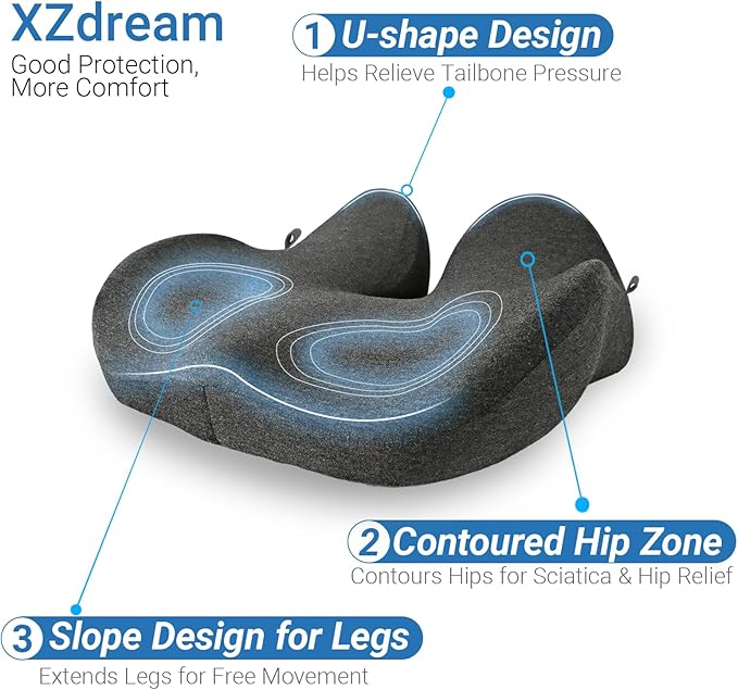 Office Chair Cushion - High Support Thickened Car Seat Cushion with Strap for Hip, Sciatica,and Tailbone Pain Relief - Ideal for Heavy People, Memory Foam Seat Cushion for Car, Truck, Home