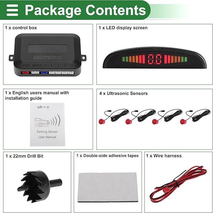 Motoforti Universal Car Auto Vehicle Reverse Backup Radar System Reverse Parking Sensors Alarm Buzzer Reminder Distance Detection Red 4Parking Sensors