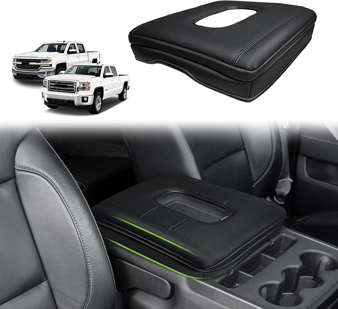 Muslogy Center Console Armrest Cover for Chevy Silverado & GMC Sierra 1500 2500 3500HD 2014-2018 Comfort Armrest Pad Arm Rest Cushion Vegan Leather Protector 1-Inch Extra Thick(Jump Seat ONLY)