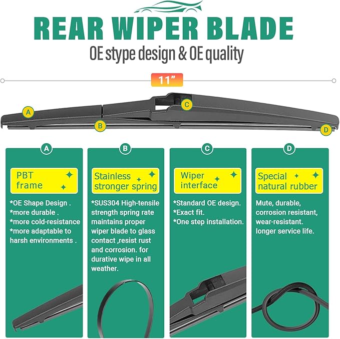 24" 20" 11" Windshield Wiper Blades Replacement for Kia Soul 2010-2019 / Kia Sorento 2011-2015 Premium All Weather Front Rear Wipers Set - OEM Quality (Pack of 3)