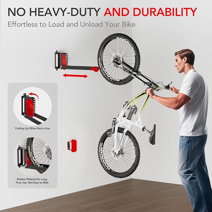 2-Pack Swivel Bike Rack Wall Mount, Bike Hangers for Garage, Space-Saving Vertical Bike Holder, Holds up to 77 lbs, Bicycle Wall Hanger Storage, No Heavy Lifting Required Indoor Hanging Bike Rack-Red