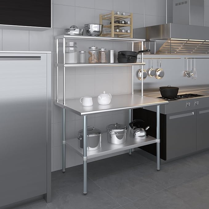 Amgood Stainless Steel Work Table Double Tier Overshelf | Metal Kitchen Prep Table & Shelving Combo (30" x 48" Work Table + 12" Overshelf)