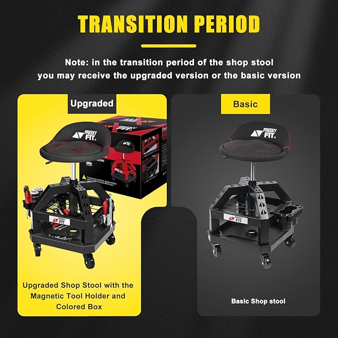 Rolling Shop Stool for Garage with Casters, DO02-Adjustable Height 360° Swivel Shop Seat with Tool Tray Storage, 330 LBS Capacity Padded Mechanic Stool, Magnetic Tool Hold, Heavy Duty, Black