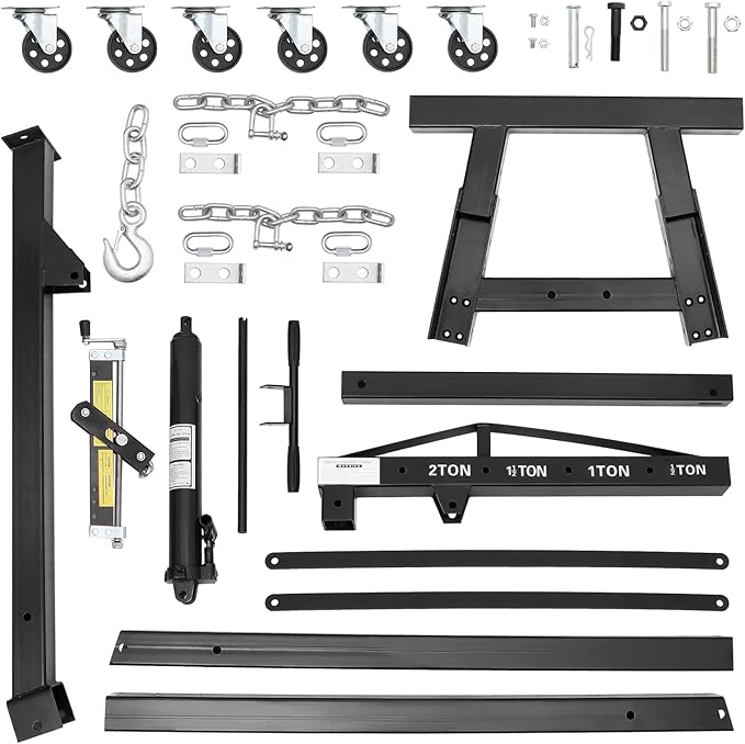 Engine Hoist with Lever, 2 Ton 4000 Lbs Heavy Duty Folding Cherry Picker Engine Lift Hydraulic Tilting Engine Shop Crane with 6 Iron Caster Wheels Telescopic Boom Hitch,Black