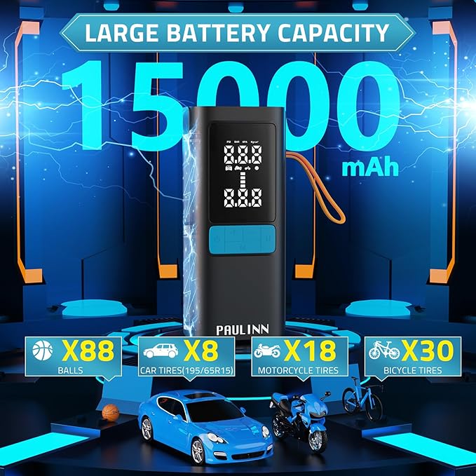 Tire Inflator Portable Air Compressor, 3X Faster 150 PSI 15000mAh Cordless Air Pump for Car with Gauge Dual LCD Display, LED Light & Auto Shut-Off, Portable Tire Inflator for Car/Motor/Bicycle/Ball