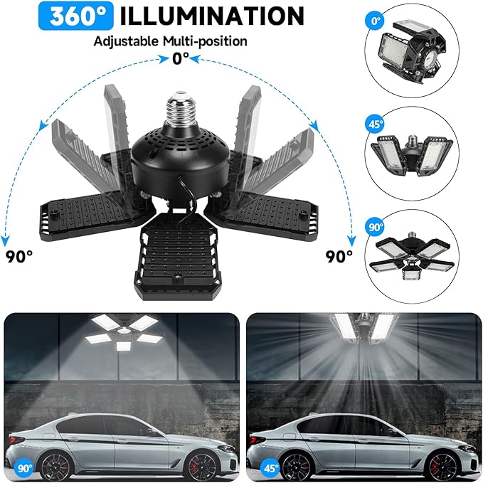 2-Pack LED Garage Lights - 160W, 16000LM 6500K with 5+1 Deformable Panels, Indoor Shop Light, E26/E27 for Garage, Warehouse, Shop, Basement