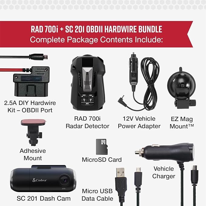 Cobra RAD 700i Radar Detector & SC 201 Smart Dash Cam + 2.5A OBD Port to Micro USB DIY Easy Hardwire Kit: Long Range Rapid Radar Detection, Full HD 1080P Video + 16GB SD Card, Built-in WiFi & GPS