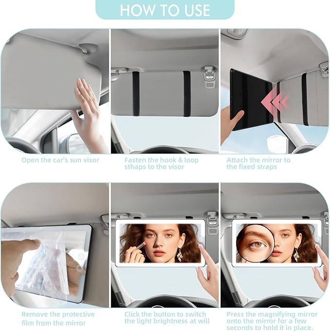 Car Sun Visor Vanity Mirror,Rechargeable Led Dimmable Makeup Mirror,With 10x and 30x magnification,3 Light Modes