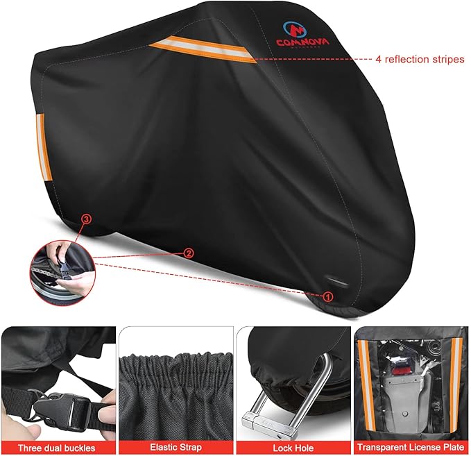 Comnova Motorcycle Cover 91 Inch - 600D Outdoor Moped Cover with Lock Hole Universal Fit, Heavy Duty & Waterproof Motor Cycle Protection for Harley, Honda, Kawasaki, Fit Up to 91" Motorcycles