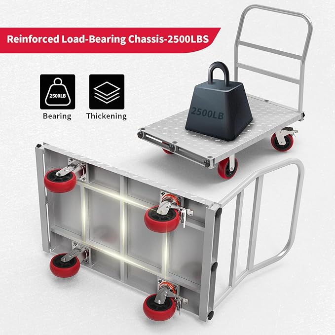 2IN1 Steel Panel Truck Cart, Lumber Cart Drywall Dolly，2500LBS Heavy Duty Flatbed Cart Dolly with 6" Swivel Brake Wheels, 40x24INCH 2MM Plate Platform Truck with 1Front and 3Side Handrails