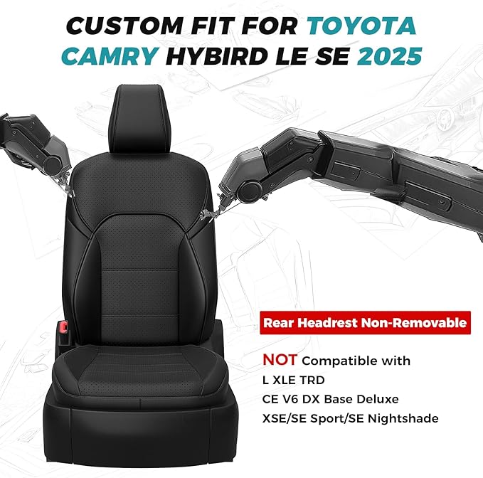 for Toyota Camry Seat Covers LE SE 2025 - Custom Fit Car Seat Covers Full Set, Leather Seat Covers for Cars, Waterproof Car Seat Cover, Black