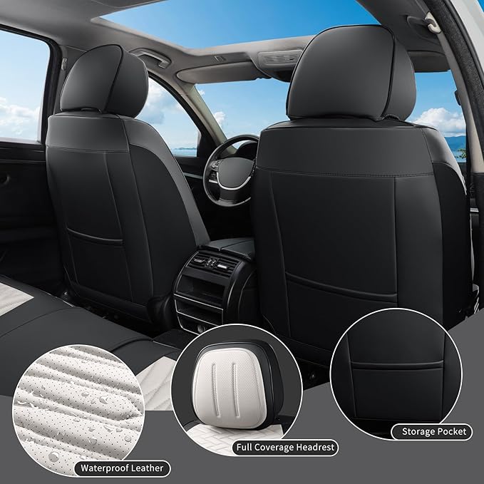 Car Seat Covers Full Set, Leather Seat Covers for Cars, Car Seat Protector Waterproof, Non-Slip Car Interior Covers Fit for Most Cars, SUV, Vans, Trucks,5Seaters,Full Set,Black-White